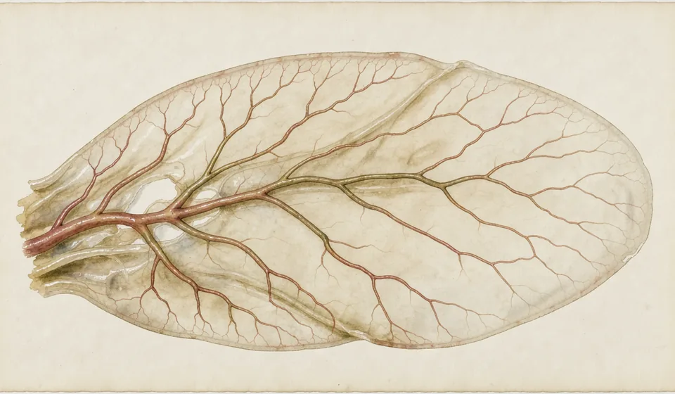 Painted branching vessels across a translucent chick embryo membrane