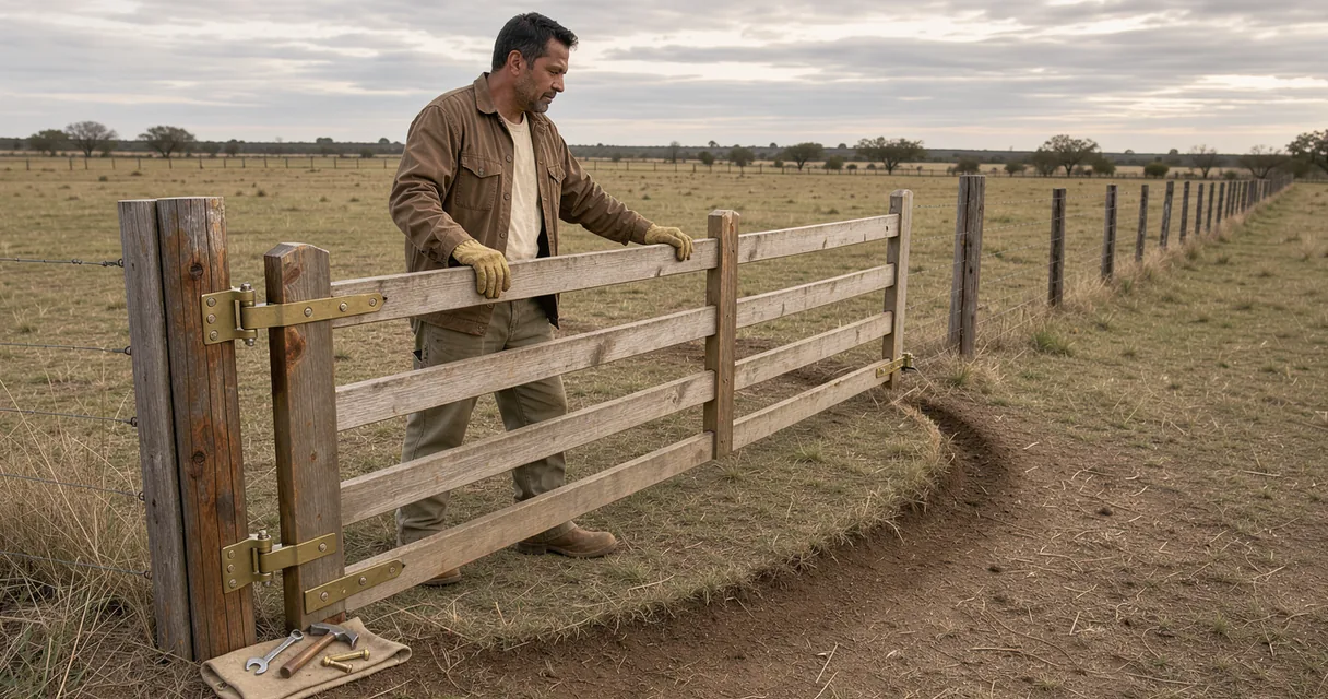 An adult ranch worker testing the swing of a repaired wooden gate