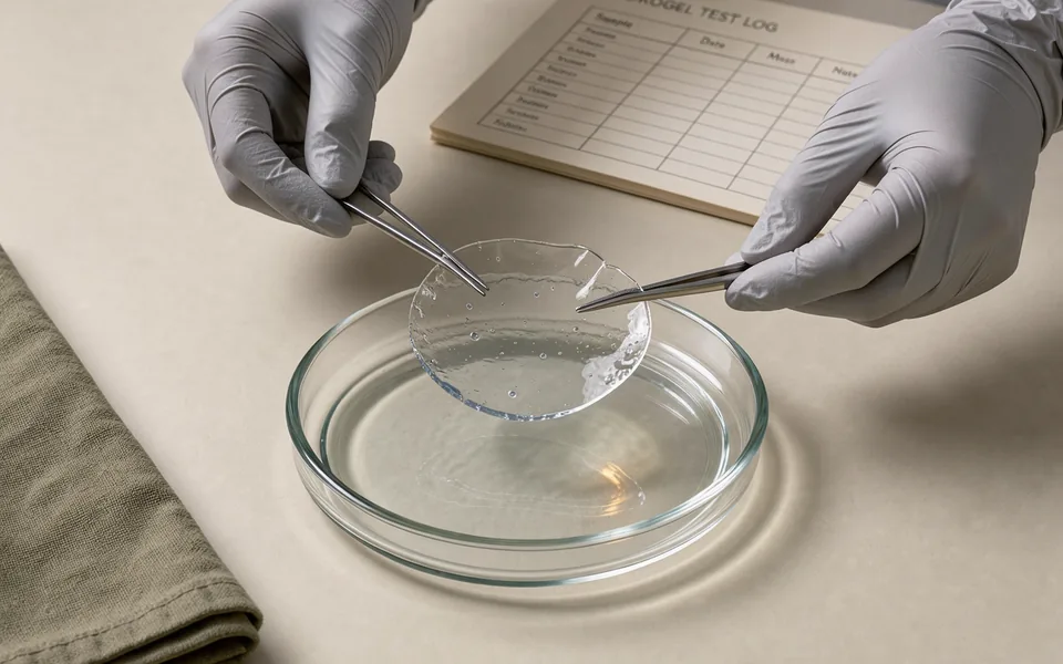 Gloved hands lifting a thin translucent hydrogel disc above a shallow dish
